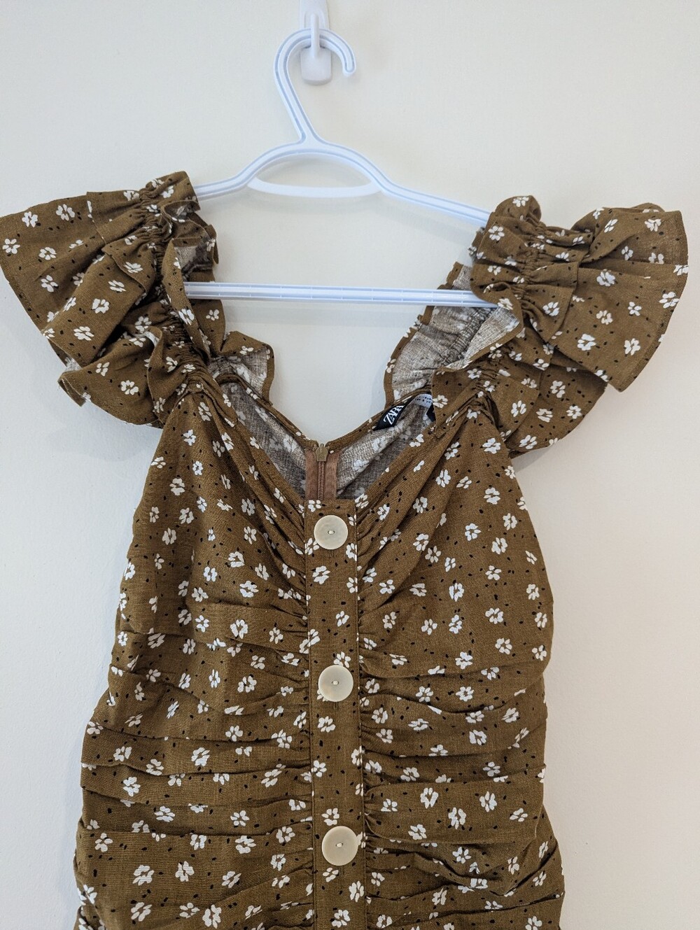 Zara Olive Floral Ruffle Ruched Mini Dress - Picture 8 of 11